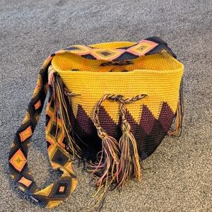 Wayuu Mochila Yellow and Purple Geometric Shoulder Bag
